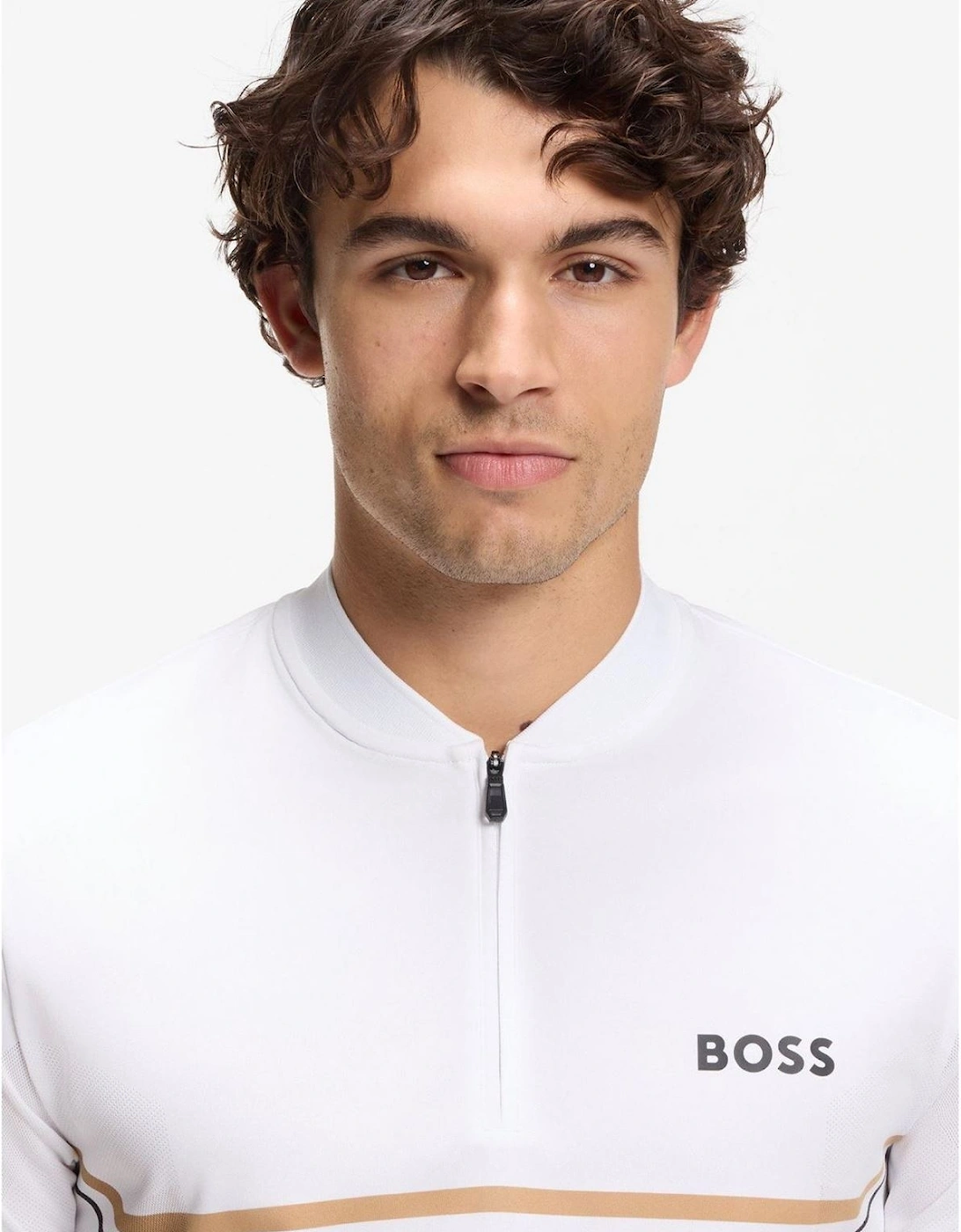 Wordmark Graphic Zip Neck Band Collar Slim Fit Polo T-Shirt