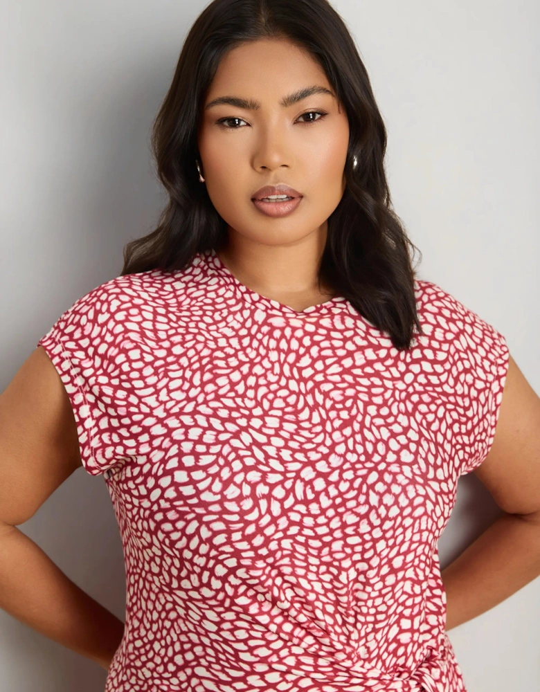 Pink Abstract Short Sleeve Tie Side Jersey Midaxi Dress