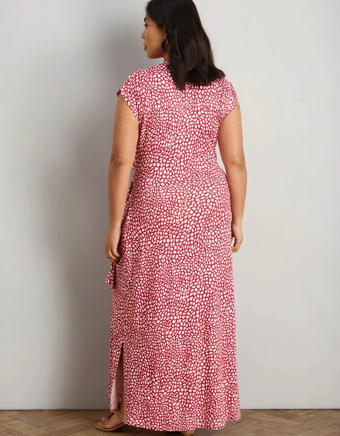 Pink Abstract Short Sleeve Tie Side Jersey Midaxi Dress