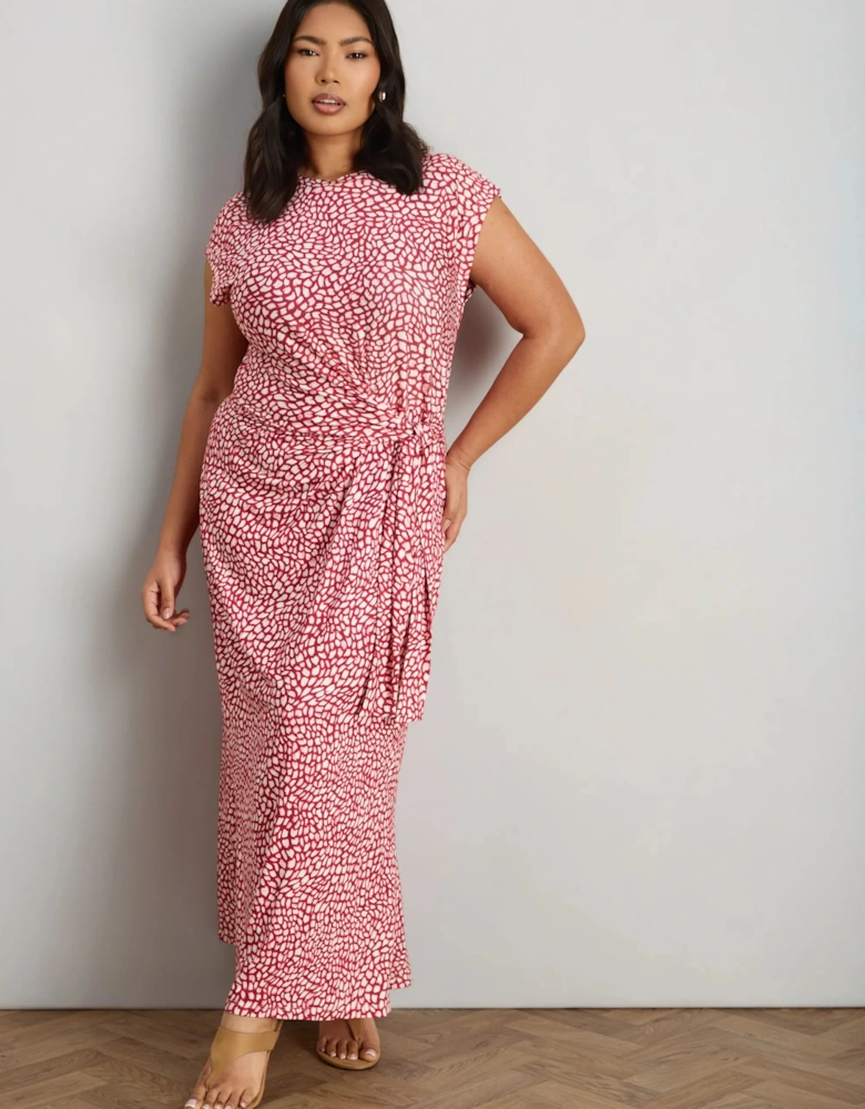 Pink Abstract Short Sleeve Tie Side Jersey Midaxi Dress