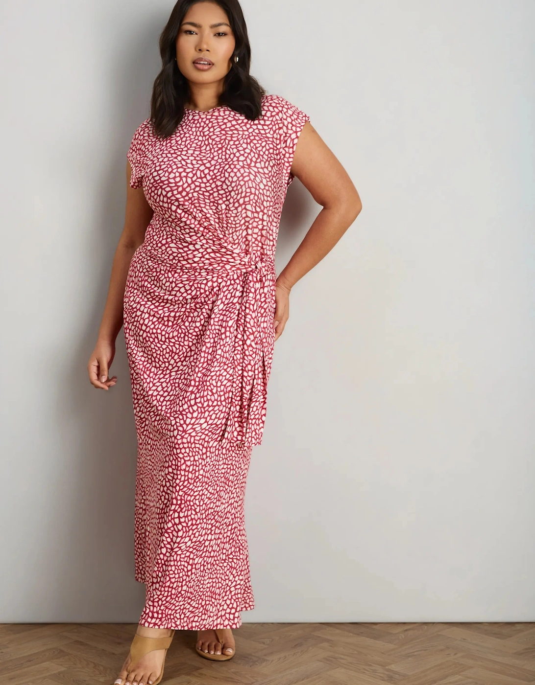 Pink Abstract Short Sleeve Tie Side Jersey Midaxi Dress