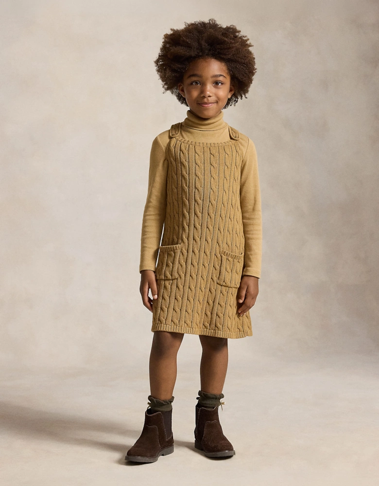 Ralph Lauren Girls Cable Knit Pinafore Dress in Brown