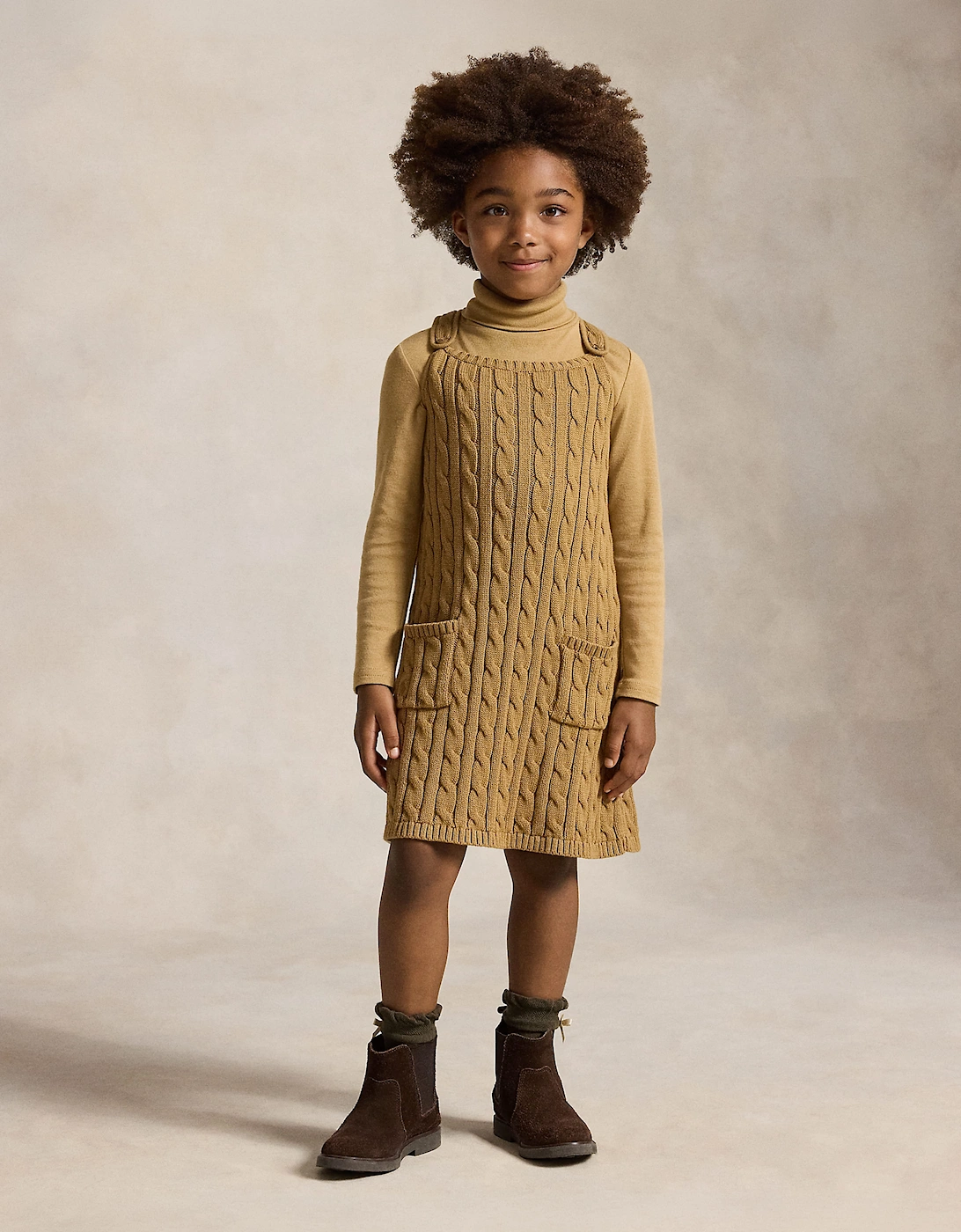 Ralph Lauren Girls Cable Knit Pinafore Dress in Brown