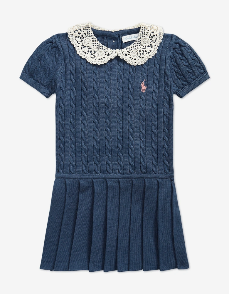 Ralph Lauren Baby Girls Cable Knit Dress with Lace Collar in Navy