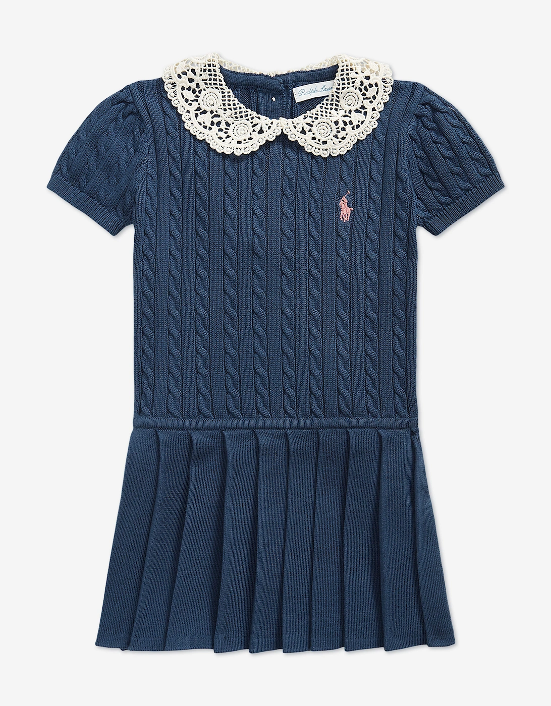 Ralph Lauren Baby Girls Cable Knit Dress with Lace Collar in Navy