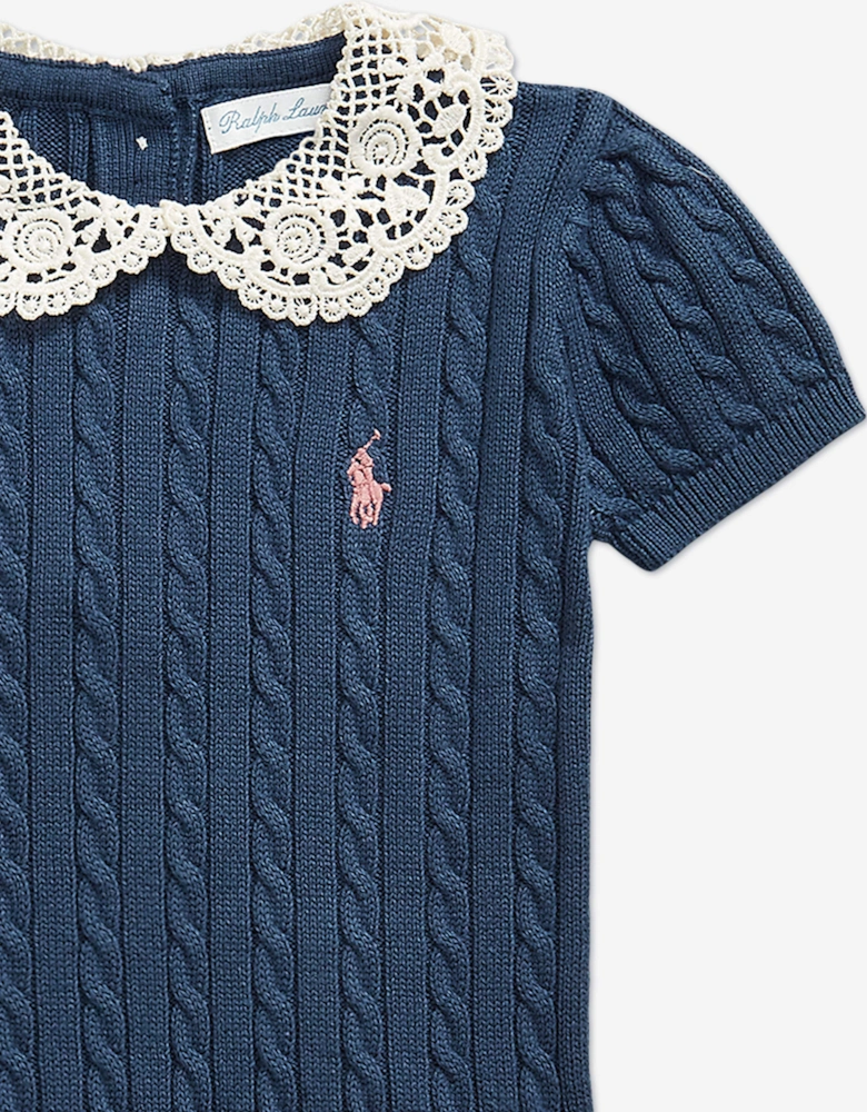 Ralph Lauren Baby Girls Cable Knit Dress with Lace Collar in Navy