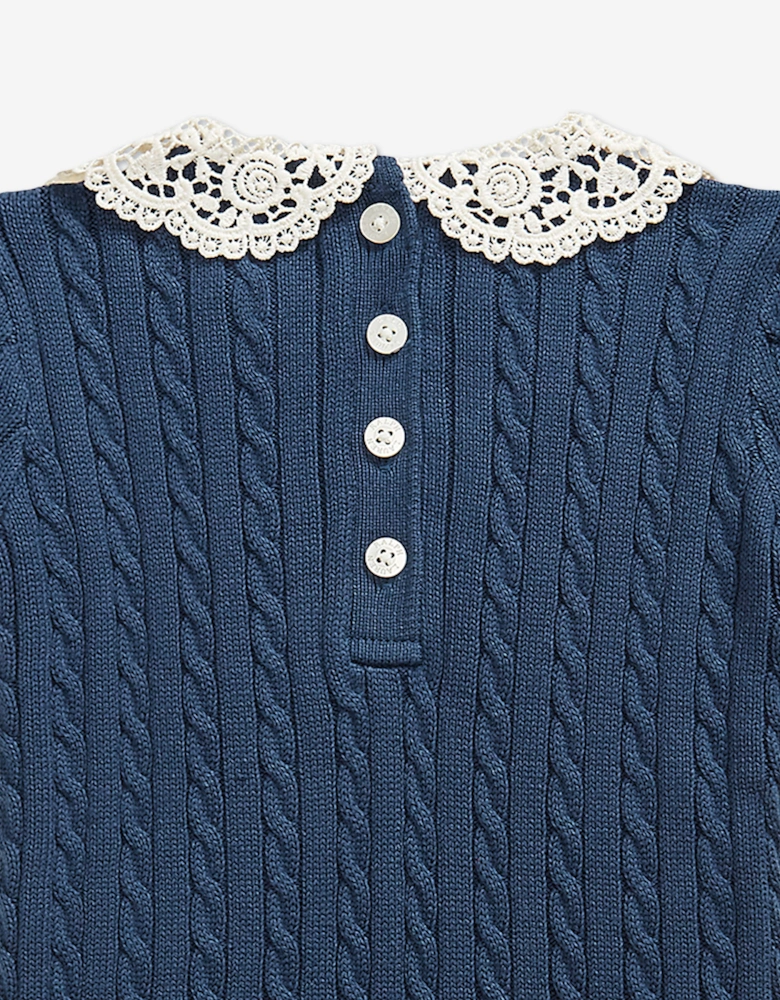 Ralph Lauren Baby Girls Cable Knit Dress with Lace Collar in Navy