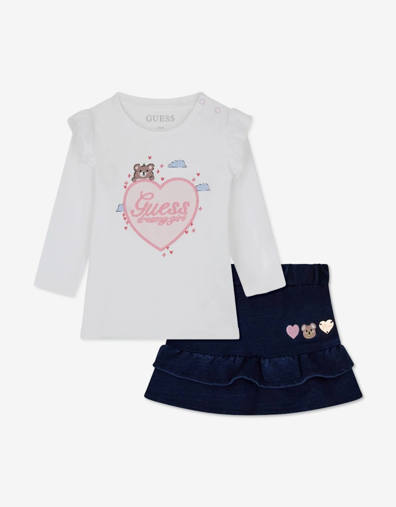 Guess Baby Girls T-Shirt and Denim Knit Skirt Set in White
