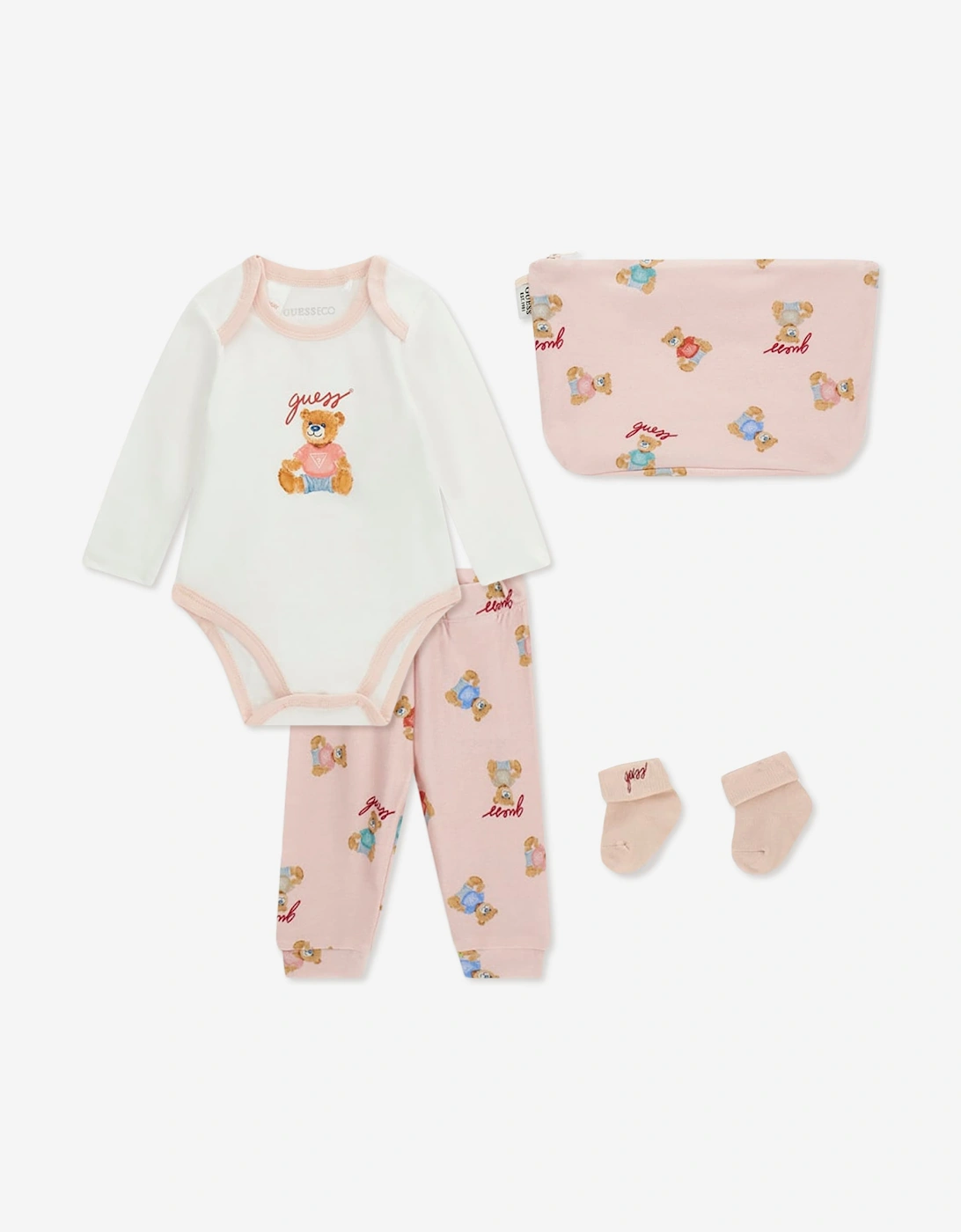 Guess Baby Girls Teddy Bear Bodysuit Gift Set in Pink