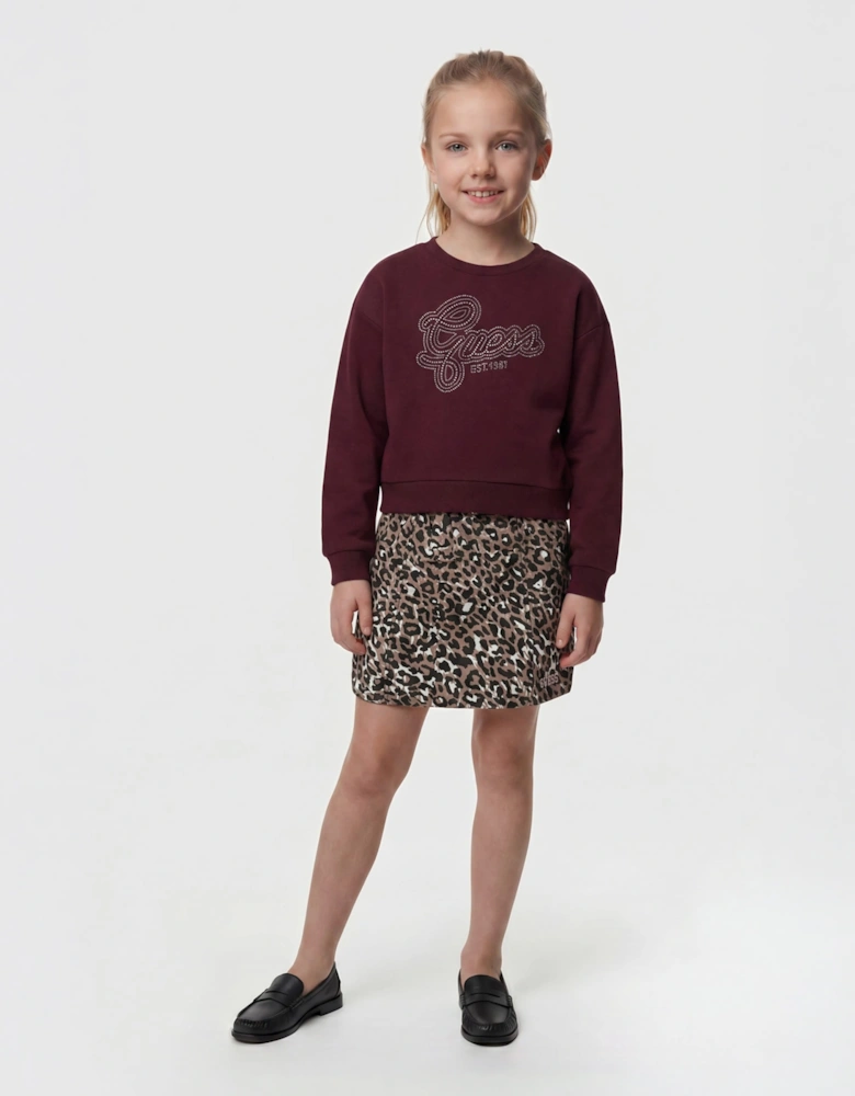 Guess Girls Leopard Poplin Balloon Mini Skirt in Brown