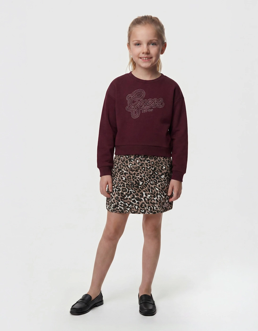 Guess Girls Leopard Poplin Balloon Mini Skirt in Brown