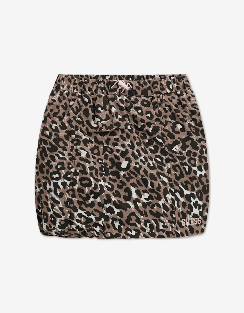 Guess Girls Leopard Poplin Balloon Mini Skirt in Brown