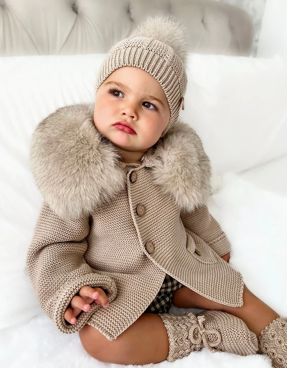 Deep Sand Knit Real Fur Trim Cardigan