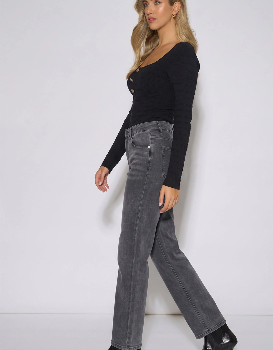 Grey Mid Rise Straight Leg Jeans