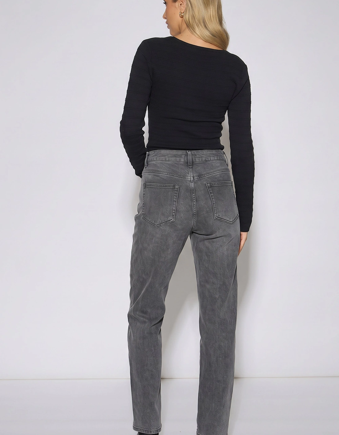 Grey Mid Rise Straight Leg Jeans