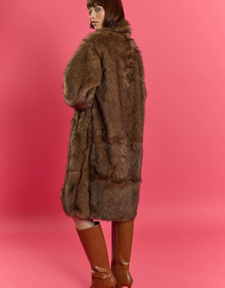 Brown Bamboo Blend Oversized Faux Fur Coat