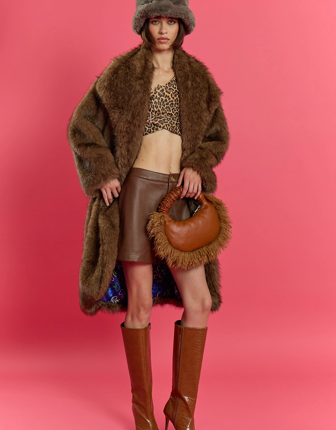 Brown Bamboo Blend Oversized Faux Fur Coat