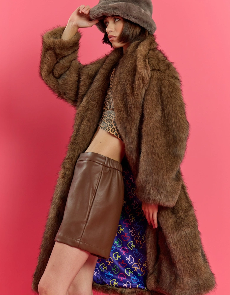 Brown Bamboo Blend Oversized Faux Fur Coat