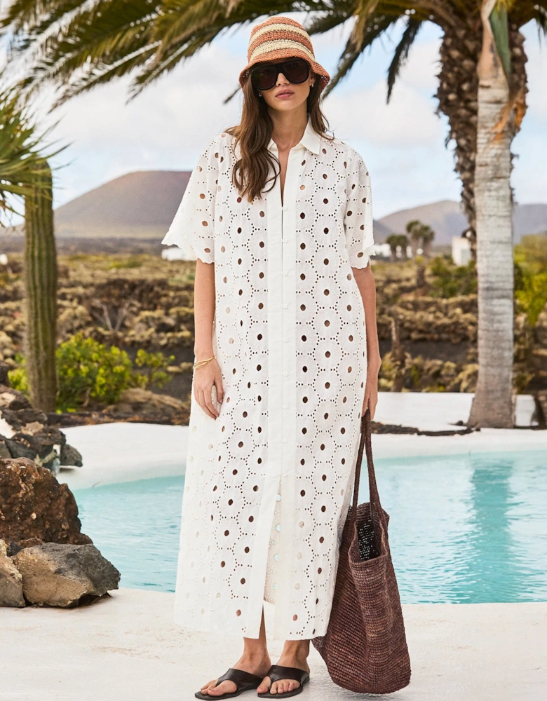 Petite Ivory Broderie Scallop Sleeve Shirt Dress