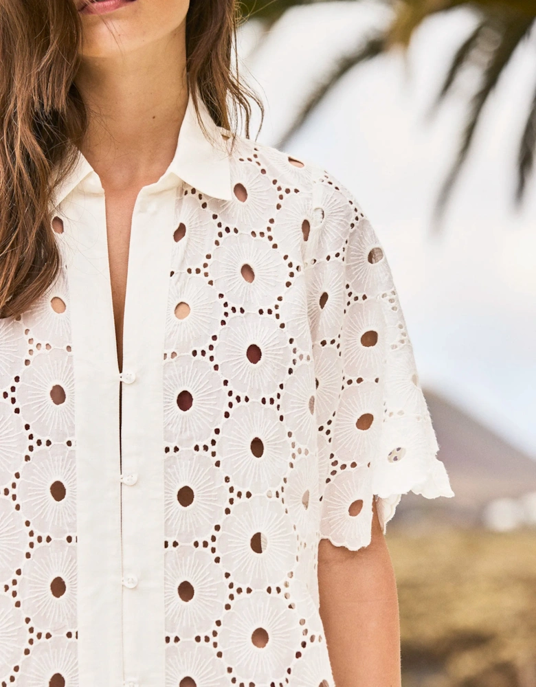Petite Ivory Broderie Scallop Sleeve Shirt Dress