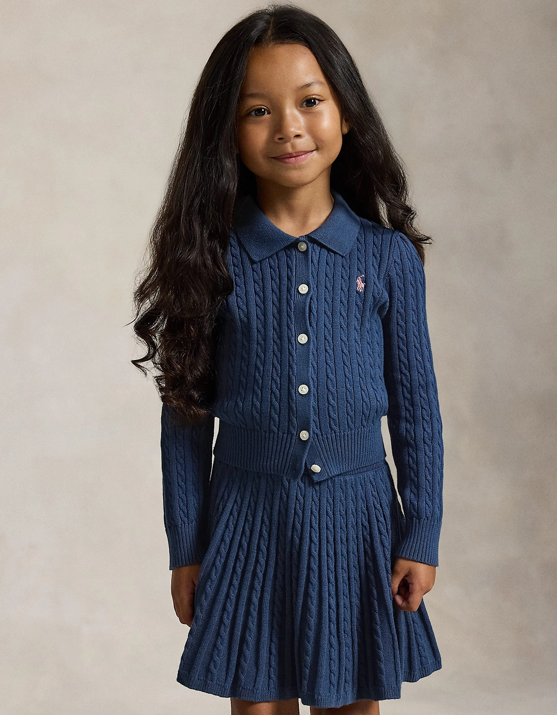 Ralph Lauren Girls Mini Cable Knit Skirt Set in Navy