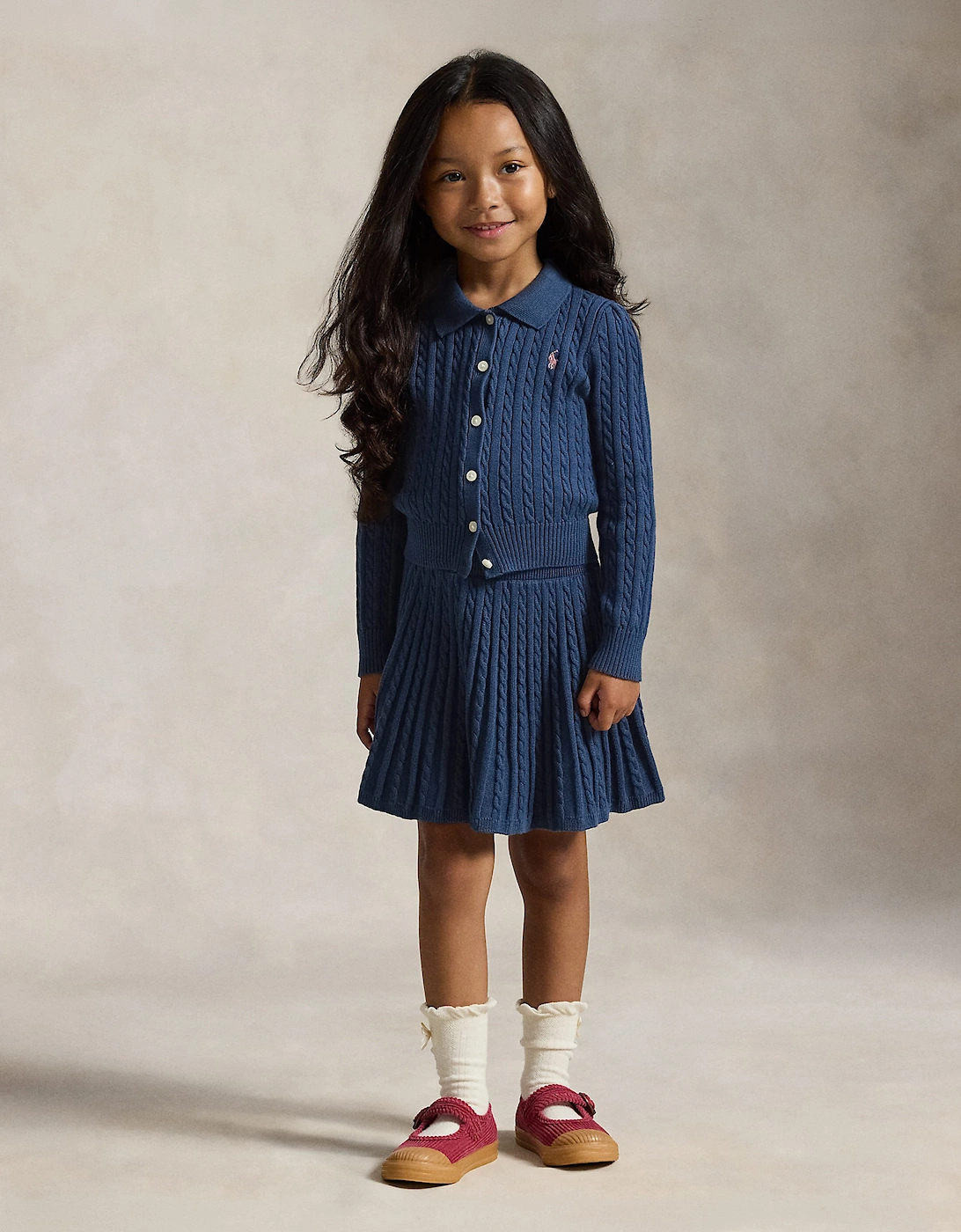 Ralph Lauren Girls Mini Cable Knit Skirt Set in Navy