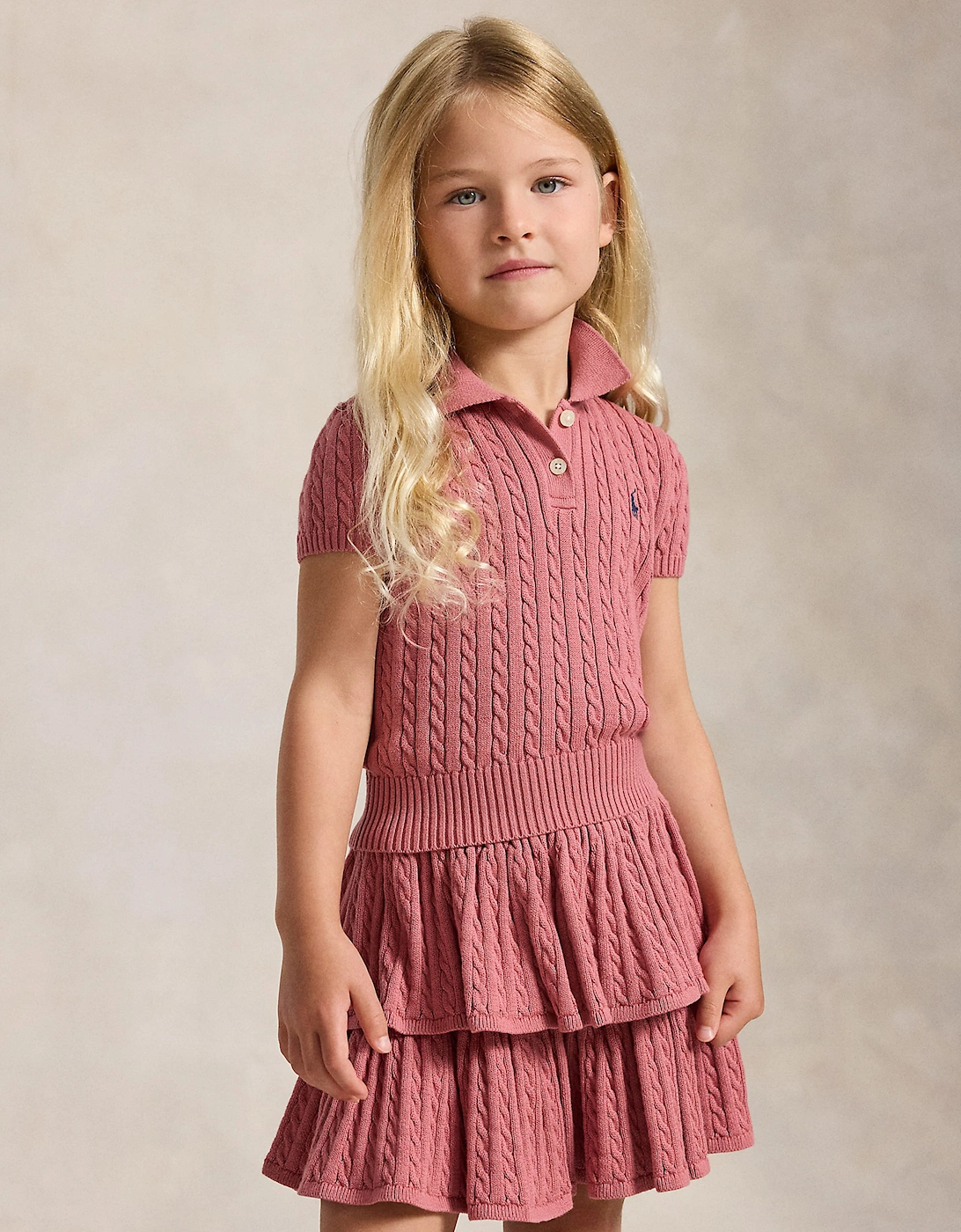 Ralph Lauren Girls Mini Cable Knit Polo Pullover in Pink