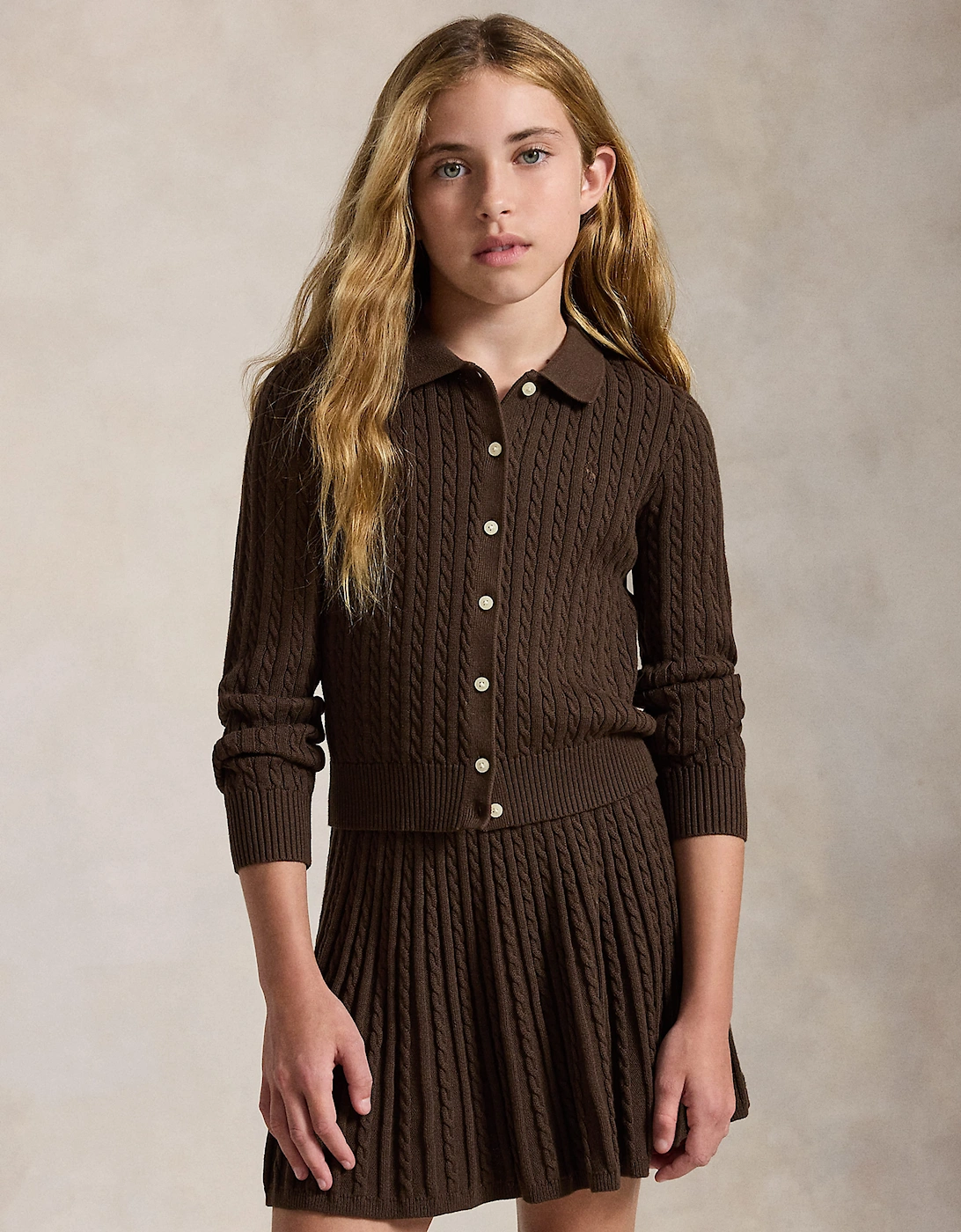 Ralph Lauren Girls Mini Cable Knit Skirt Set in Brown