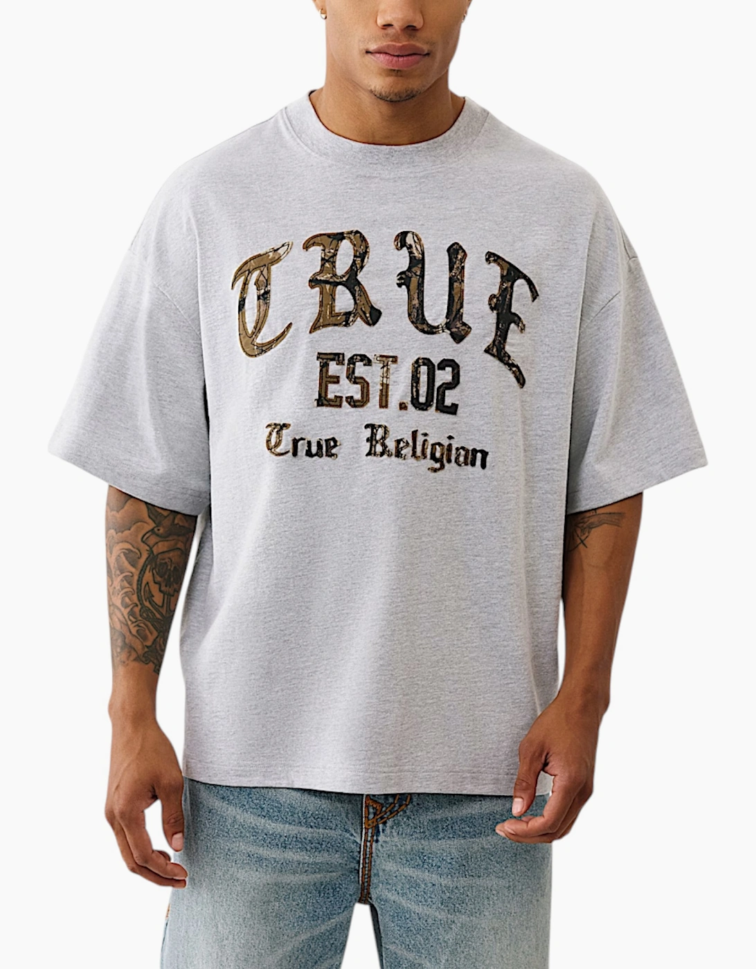 True Religion Men's True Religion Mens Oversized T Shirts Drop Shoulder Tee - Grey