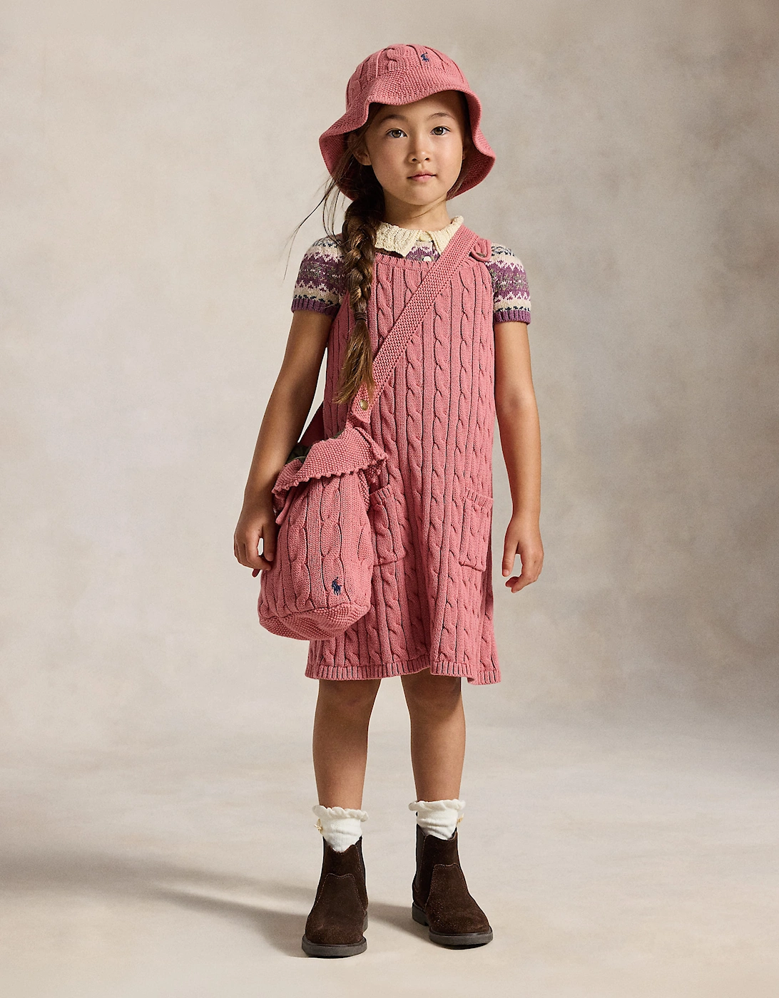 Ralph Lauren Girls Cable Knit Pinafore Dress in Pink