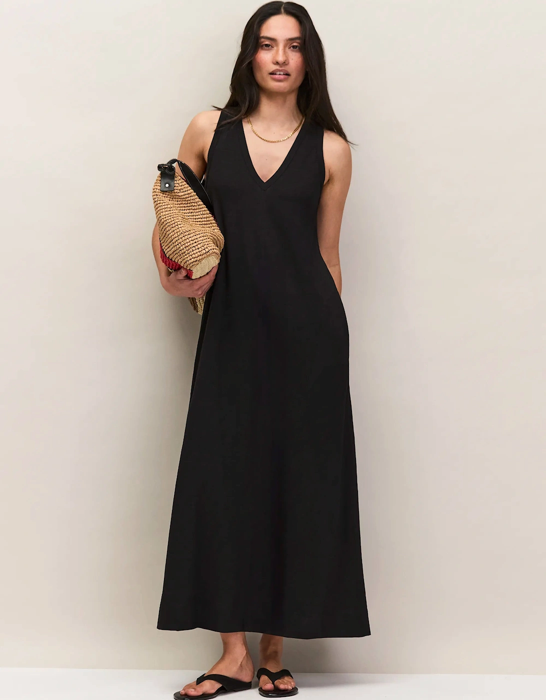 Black Slub Jersey V-Neck Midi Dress