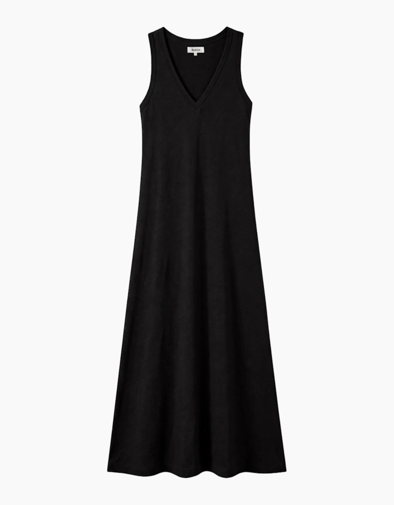 Black Slub Jersey V-Neck Midi Dress