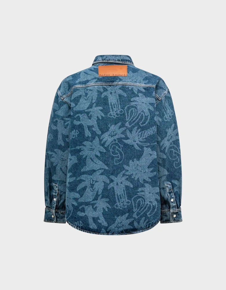 Palmity Laser Print Denim Shirt Blue Oversized