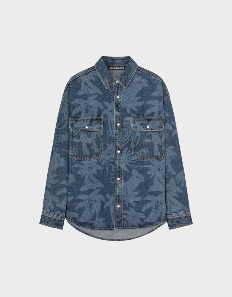 Palmity Laser Print Denim Shirt Blue Oversized