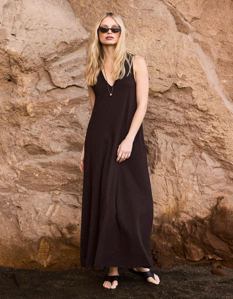 Chocolate Slub Jersey V-Neck Midi Dress