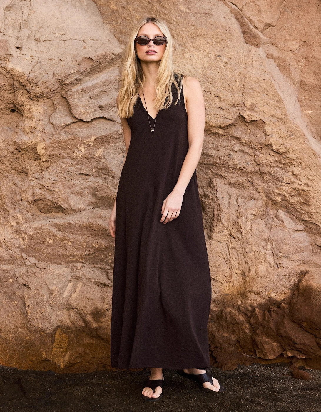 Chocolate Slub Jersey V-Neck Midi Dress