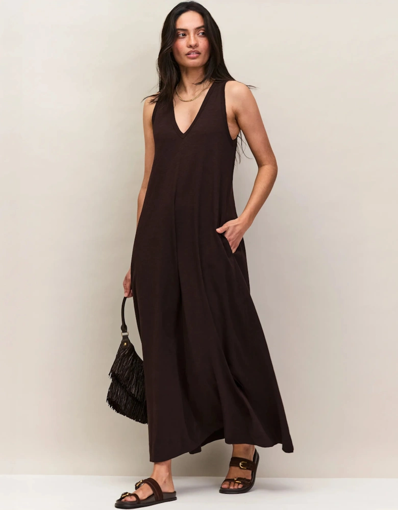 Chocolate Slub Jersey V-Neck Midi Dress