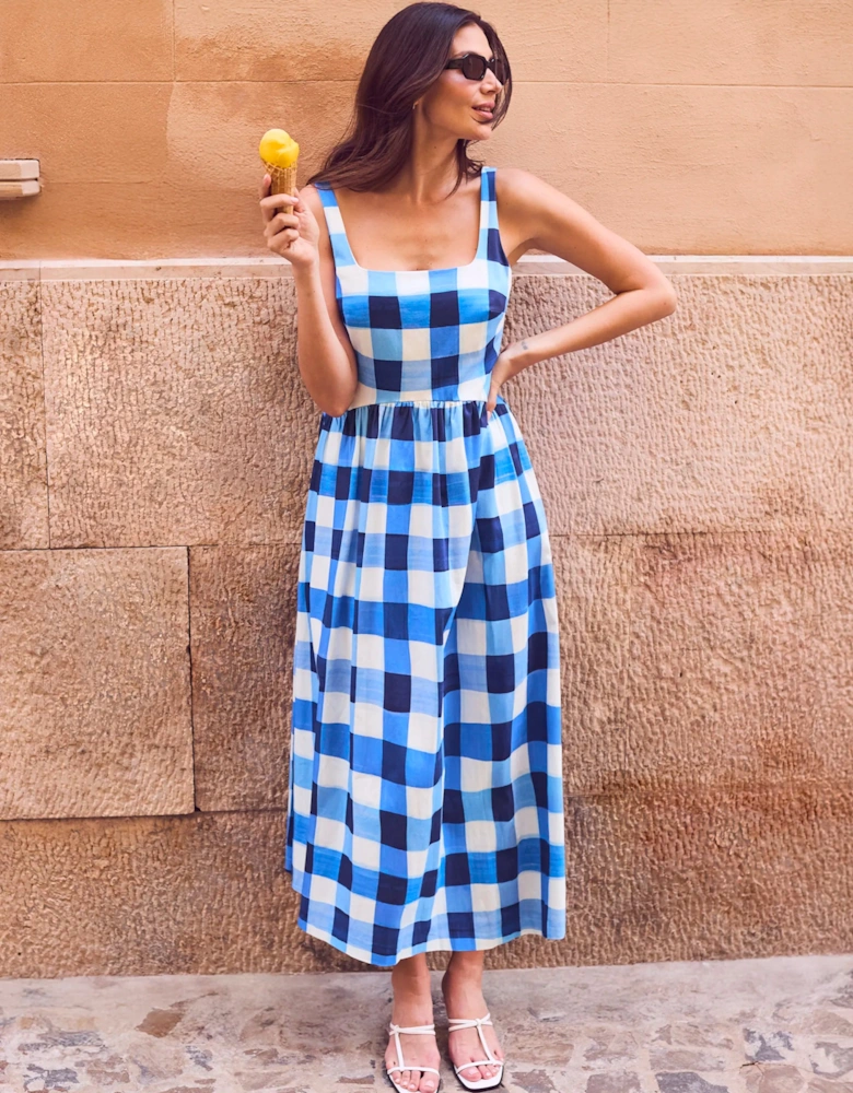 Raya Blue Check Square Neck Dress