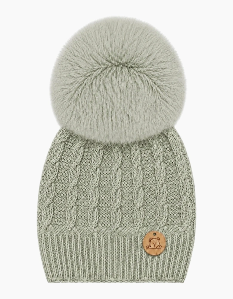 Soft Green Knit Real Fur Cable Hat