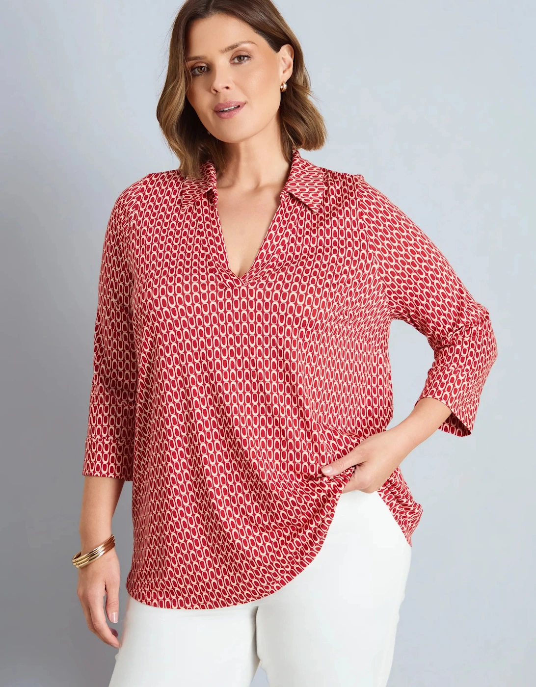 Live Unlimited London Live Unlimited London Women's Red Geo Print 3/4 Sleeve Collared V-Neck Jersey Top
