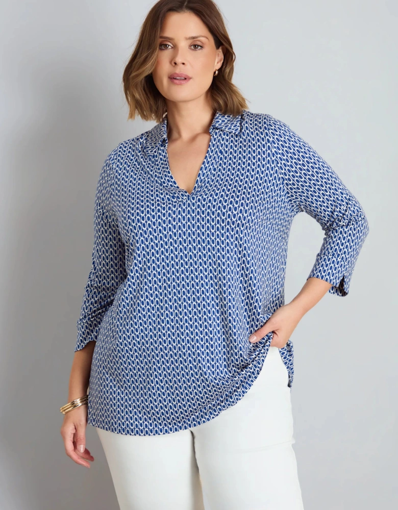 Blue Geo Print 3/4 Sleeve Collared V-Neck Jersey Top