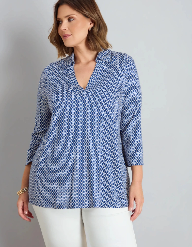 Blue Geo Print 3/4 Sleeve Collared V-Neck Jersey Top