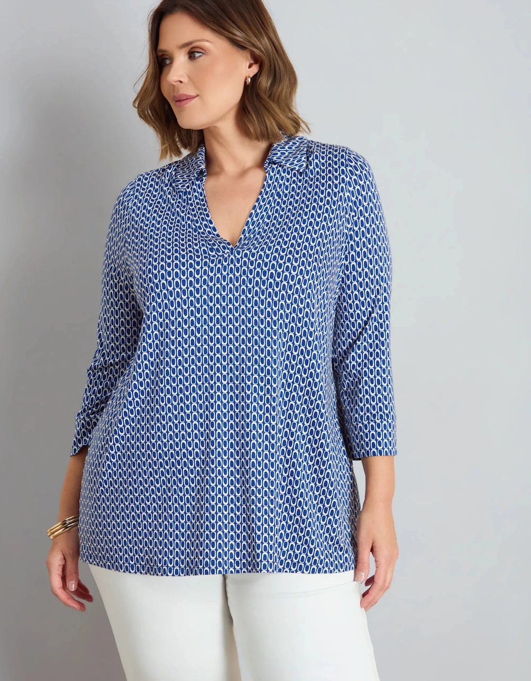 Blue Geo Print 3/4 Sleeve Collared V-Neck Jersey Top