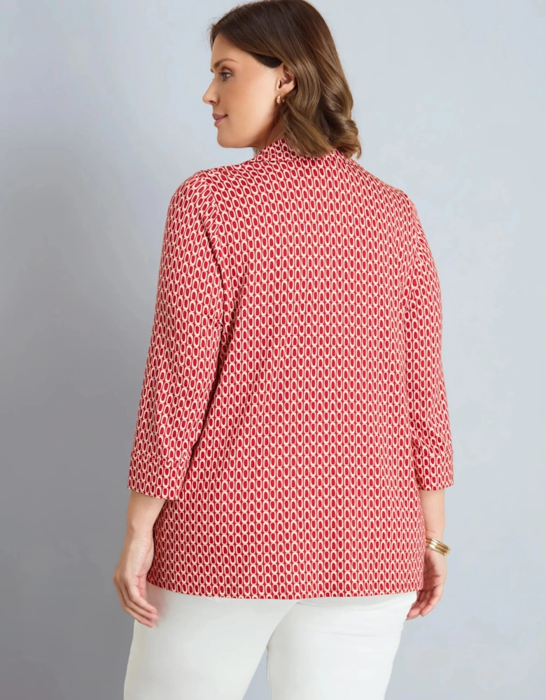 Red Geo Print 3/4 Sleeve Collared V-Neck Jersey Top