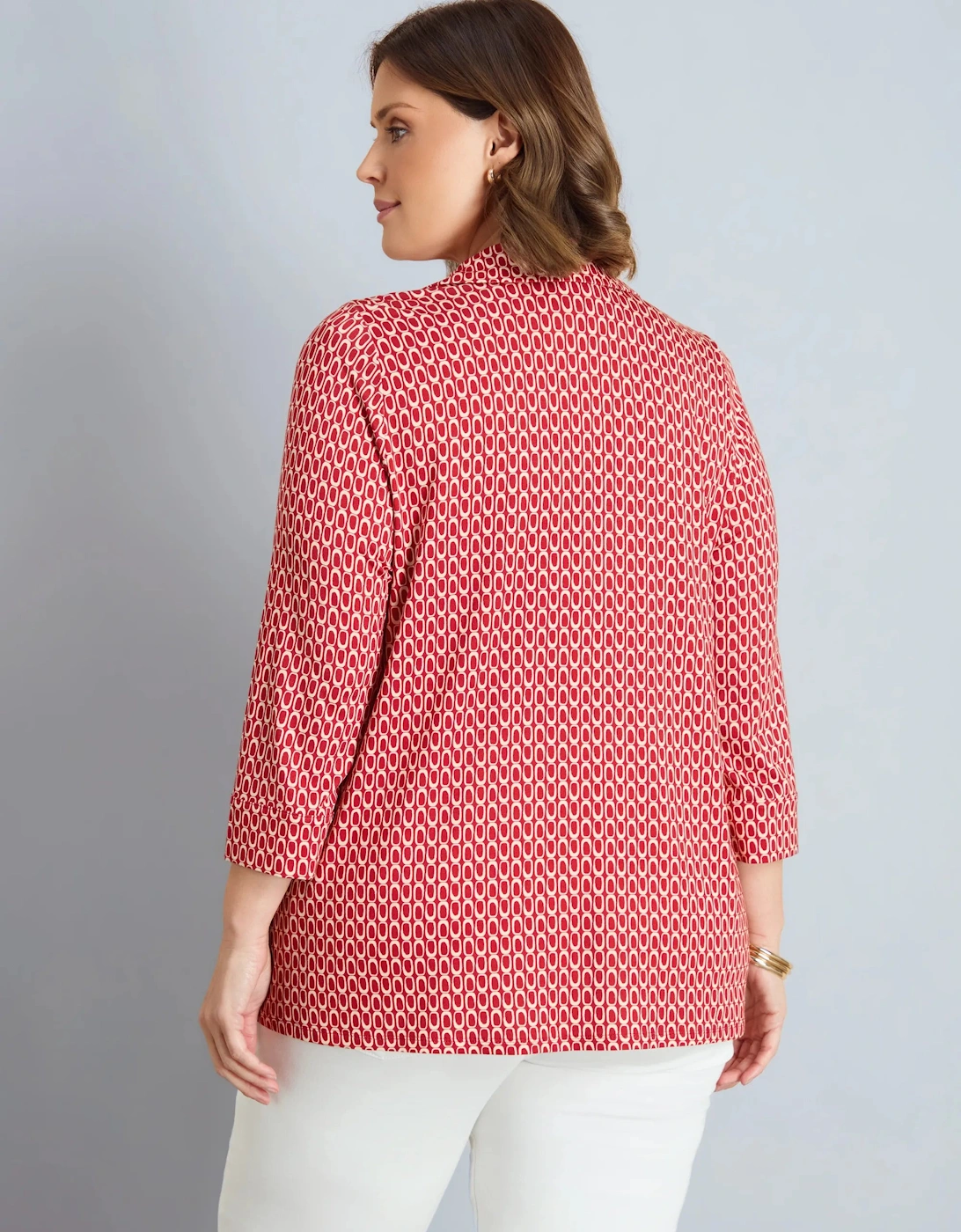 Red Geo Print 3/4 Sleeve Collared V-Neck Jersey Top