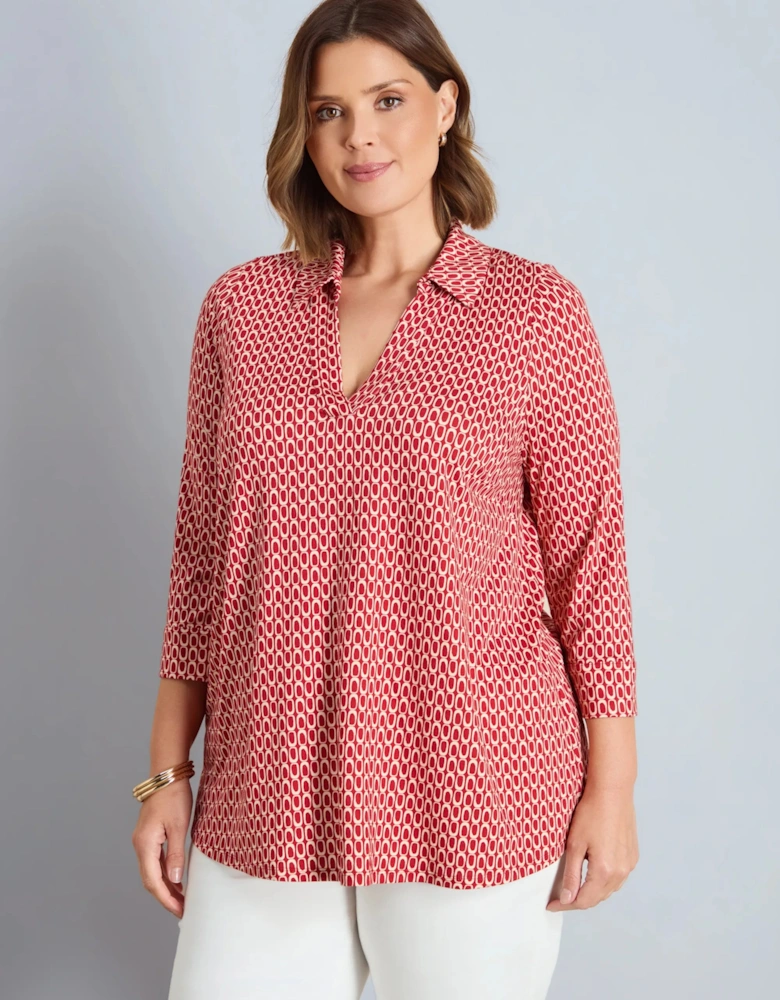Red Geo Print 3/4 Sleeve Collared V-Neck Jersey Top