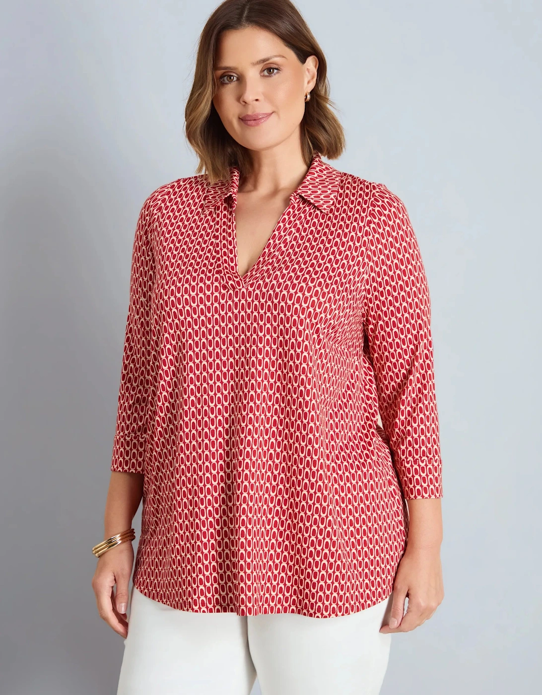Red Geo Print 3/4 Sleeve Collared V-Neck Jersey Top