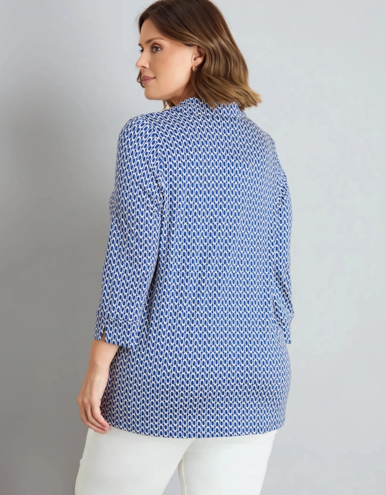 Blue Geo Print 3/4 Sleeve Collared V-Neck Jersey Top