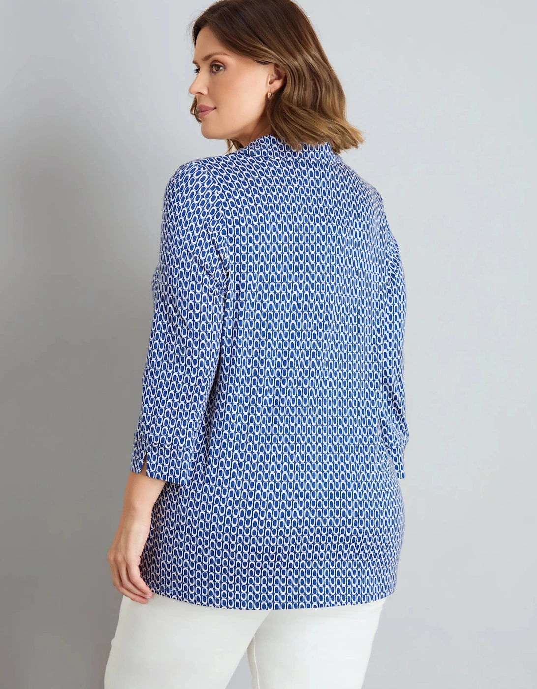 Blue Geo Print 3/4 Sleeve Collared V-Neck Jersey Top