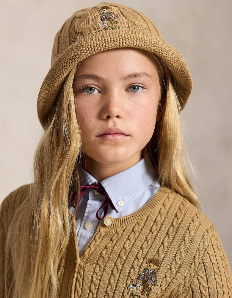 Ralph Lauren Girls Cable Knit Bucket Hat in Beige